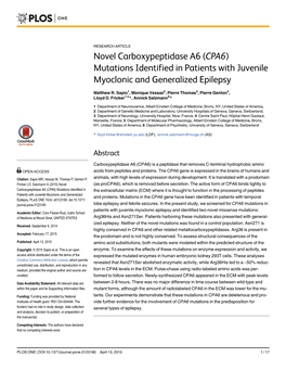 Novel Carboxypeptidase A6 (CPA6) Mutations Identified in Patients with Juvenile Myoclonic and Generalized Epilepsy