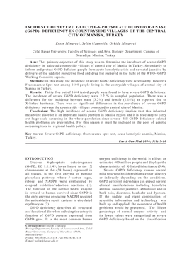 Incidence of Severe Glucose-6-Phosphate Dehydrogenase (G6pd) Deficiency in Countryside Villages of the Central City of Manisa, Turkey