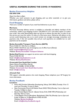 USEFUL NUMBERS DURING the COVID-19 PANDEMIC Bexley