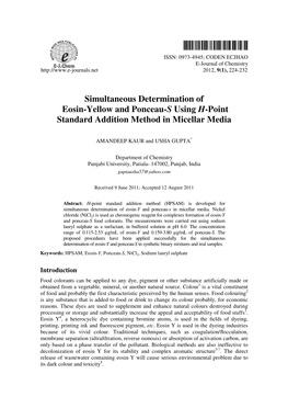 Simultaneous Determination of Eosin-Yellow and Ponceau-S Using H-Point Standard Addition Method in Micellar Media