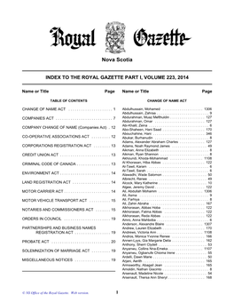 Index to Royal Gazette Part I, Volume 223, 2014