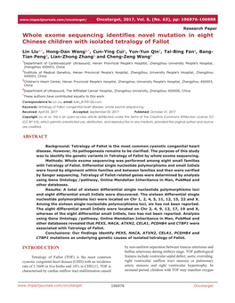 Whole Exome Sequencing Identifies Novel Mutation in Eight Chinese Children with Isolated Tetralogy of Fallot