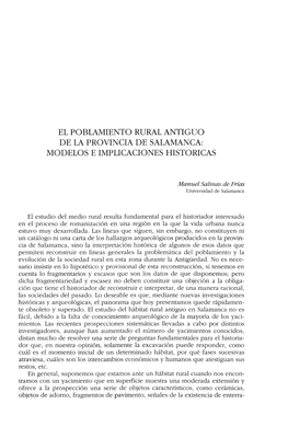 El Poblamiento Rural Antiguo De La Provincia De Salamanca: Modelos E Implicaciones Históricas