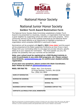 National Junior Honor Society Golden Torch Award Nomination Form