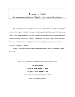 Resource Guide San Marcos Area and Bastrop, Caldwell, Fayette, Lee and Hays Counties