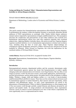 Seeing and Being the Visualised 'Other': Humanitarianism Representations and Hybridity in African Diaspora Identities. Depa