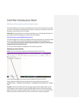 Cold War Introductory Work Welcome to the Summer Work for History a Level