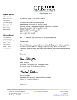 Identification and Listing of Special Wastes; Amy Sinden Disposal of Coal Combustion Residuals from Electric Utilities Sidney Shapiro Docket ID No