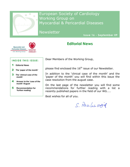 Newsletter WG on Myocardial and Pericardial Diseases September 2009