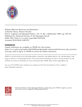 William Manross Historian and Benefactor Author(S): Henry Warner Bowden Source: Anglican and Episcopal History, Vol