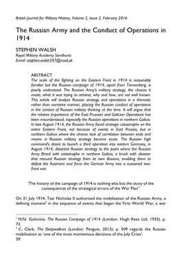 The Russian Army and the Conduct of Operations in 1914