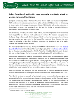 India: Chhattisgarh Authorities Must Promptly Investigate Attack on Woman Human Rights Defender