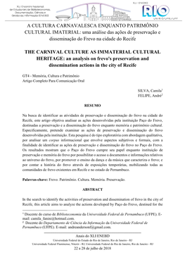 A CULTURA CARNAVALESCA ENQUANTO PATRIMÔNIO CULTURAL IMATERIAL: Uma Análise Das Ações De Preservação E Disseminação Do Frevo Na Cidade Do Recife