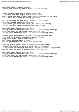 KENTUCKY RAIN - ELVIS PRESLEY (Words and Music by Eddie Rabbit - Dick Heard)