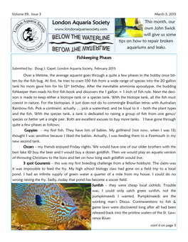 March 3, 2015 London Aquaria Society This Month, Our Own John Swick Will Give Us Some Tips on How to Repair Broken Aquariums and Leaks