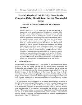 Isaiah's Oracle (4:2-6; 11:1-9): Hope for the Congolese If They Benefit