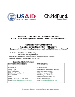 “COMMUNITY SERVICES to VULNERABLE GROUPS” USAID Cooperative Agreement Number: AID-121-A-00-05-00703 QUARTERLY PROGRAM REPOR