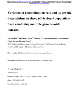 Variation in Recombination Rate and Its Genetic Determinism in Sheep (Ovis Aries) Populations ​ ​ from Combining Multiple Genome-Wide Datasets