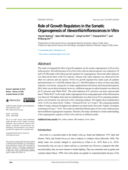 Role of Growth Regulators in the Somatic Organogenesis of Haworthia Inflorescences in Vitro