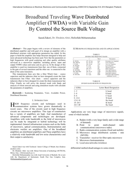 Broadband Traveling Wave Distributed Amplifier (TWDA) with Variable Gain by Control the Source Bulk Voltage