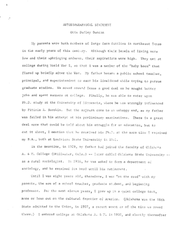 AUTOBIOGRAPHICAL STATEMEN T Otis Dudley Duncan My Parents Were Both Members of Large Farm Families in Northeast Texas in The