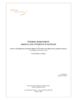 Course Assignment Article and a Company Case Study - Article: the Drivers of Foreign Direct Investment Into Research and Development: an Empirical Investigation