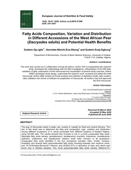 Fatty Acids Composition, Variation and Distribution in Different Accessions of the West African Pear (Dacryodes Edulis) and Potential Health Benefits