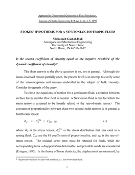 Stokes' Hypothesis for a Newtonian, Isotropic Fluid