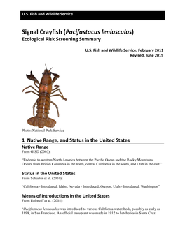 Pacifastacus Leniusculus) Ecological Risk Screening Summary