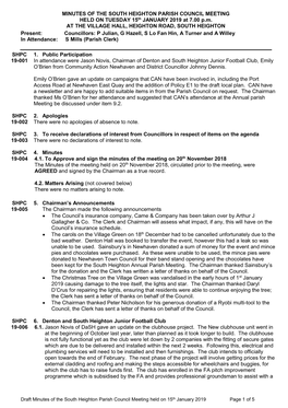 MINUTES of the SOUTH HEIGHTON PARISH COUNCIL MEETING HELD on TUESDAY 15Th JANUARY 2019 at 7.00 P.M