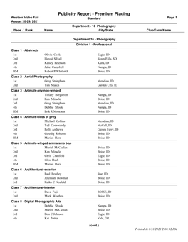 Publicity Report - Premium Placing Western Idaho Fair Standard Page 1 August 20-29, 2021 Department - 16 Photography Place / Rank Name City/State Club/Farm Name