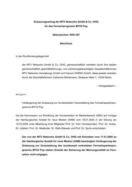 Zulassungsantrag Der MTV Networks Gmbh & Co. OHG Für Das