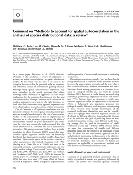 Methods to Account for Spatial Autocorrelation in the Analysis of Species Distributional Data: a Review’’