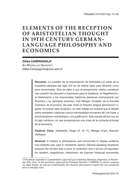 Elements of the Reception of Aristotelian Thought in 19Th Century German- Language Philosophy and Economics
