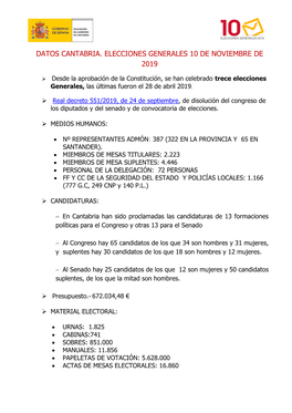 Datos Cantabria. Elecciones Generales 10 De Noviembre De 2019