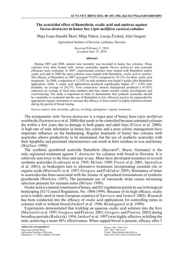 The Acaricidal Effect of Flumethrin, Oxalic Acid and Amitraz Against