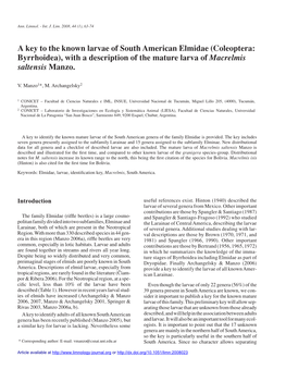 Coleoptera: Byrrhoidea), with a Description of the Mature Larva of Macrelmis Saltensis Manzo