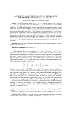 CONSISTENCY and EFFICIENT SOLUTION of the SYLVESTER EQUATION for ⋆-CONGRUENCE: AX + X⋆B = C 1. Introduction. the Sylvester E