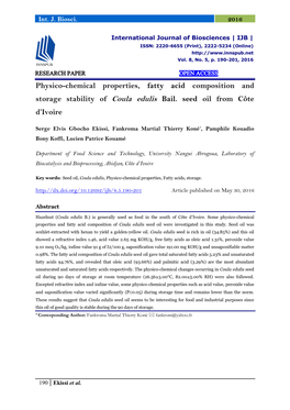 Physico-Chemical Properties, Fatty Acid Composition and Storage Stability of Coula Edulis Bail