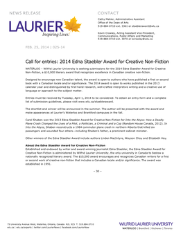 2014 Edna Staebler Award for Creative Non-Fiction
