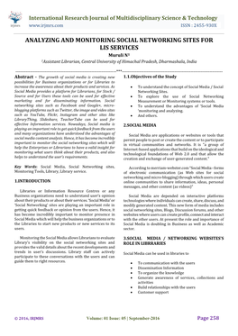 ANALYZING and MONITORING SOCIAL NETWORKING SITES for LIS SERVICES Muruli N1 1Assistant Librarian, Central University of Himachal Pradesh, Dharmashala, India