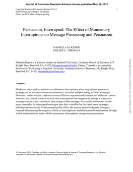 Persuasion, Interrupted: the Effect of Momentary Interruptions on Message Processing and Persuasion