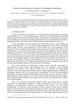 Dynamic Critical Behavior in Models of Ferromagnetic Gadolinium A