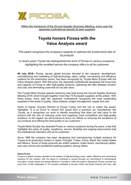 Toyota Honors Ficosa with the Value Analysis Award