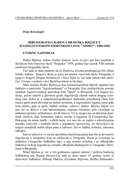 Petar Krivokapić BIBLIOGRAFIJA RADOVA DR DUŠKA BJELICE U JUGOSLOVENSKOM SPORTSKOM LISTU "SPORT": 1980-1983 UVODNE NA