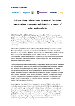 Walmart, Flipkart, Phonepe and the Walmart Foundation Leverage Global Resources to Scale Initiatives in Support of India’S Pandemic Battle