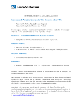 Responsables De Atención Al Usuario De Servicios Financieros Ante El BCRA