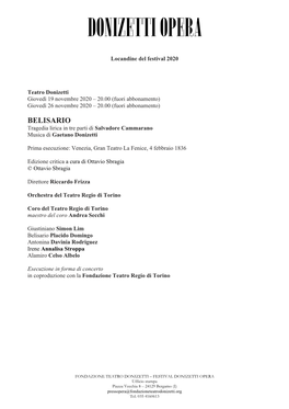 BELISARIO Tragedia Lirica in Tre Parti Di Salvadore Cammarano Musica Di Gaetano Donizetti
