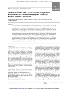 The Natural Inhibitor of DNA Topoisomerase I, Camptothecin, Modulates HIF-1A Activity by Changing Mir Expression Patterns in Human Cancer Cells