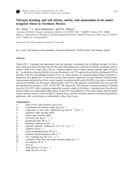 Nitrogen Leaching and Soil Nitrate, Nitrite, and Ammonium Levels Under Irrigated Wheat in Northern Mexico W.J